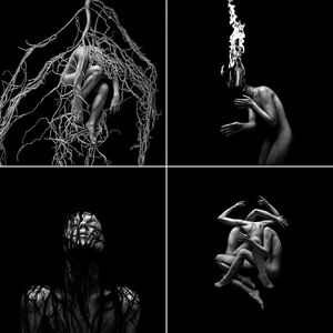 Quadriptych CHAOS // THE ELEMENTS. Top left: THE TREE OF LIFE. A naked body trapped in roots of a tree, on a black background. Self-portrait. Moscow, Russia. 1 March 2021. Top right: THE HERMIT. A naked body with a burning head on a black background. Self-portrait. Moscow, Russia. 2 July 2020. Bottom left: THE MARTYR. A woman with wet hair on a black background. Self-portrait. Moscow, Russia. 17 January 2020.  Bottom right: THE TRINITY, from CHAOS // THE ELEMENTS series. Three naked bodies on a black background. Self-portrait. Moscow, Russia. 8 July 2020. Digital collage by Maria PLESHKOVA