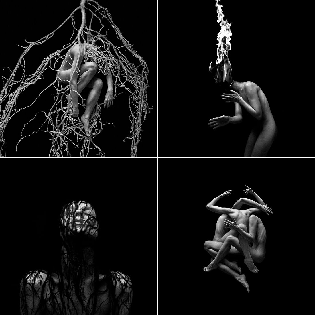 Quadriptych CHAOS // THE ELEMENTS. Top left: THE TREE OF LIFE. A naked body trapped in roots of a tree, on a black background. Self-portrait. Moscow, Russia. 1 March 2021. Top right: THE HERMIT. A naked body with a burning head on a black background. Self-portrait. Moscow, Russia. 2 July 2020. Bottom left: THE MARTYR. A woman with wet hair on a black background. Self-portrait. Moscow, Russia. 17 January 2020.  Bottom right: THE TRINITY, from CHAOS // THE ELEMENTS series. Three naked bodies on a black background. Self-portrait. Moscow, Russia. 8 July 2020. Digital collage by Maria PLESHKOVA
